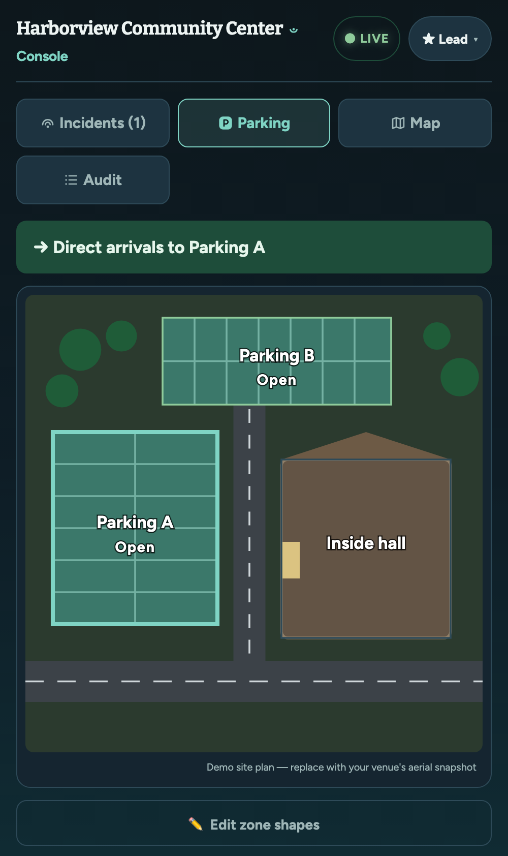 A venue map with zones drawn over a top-down photo of the property.